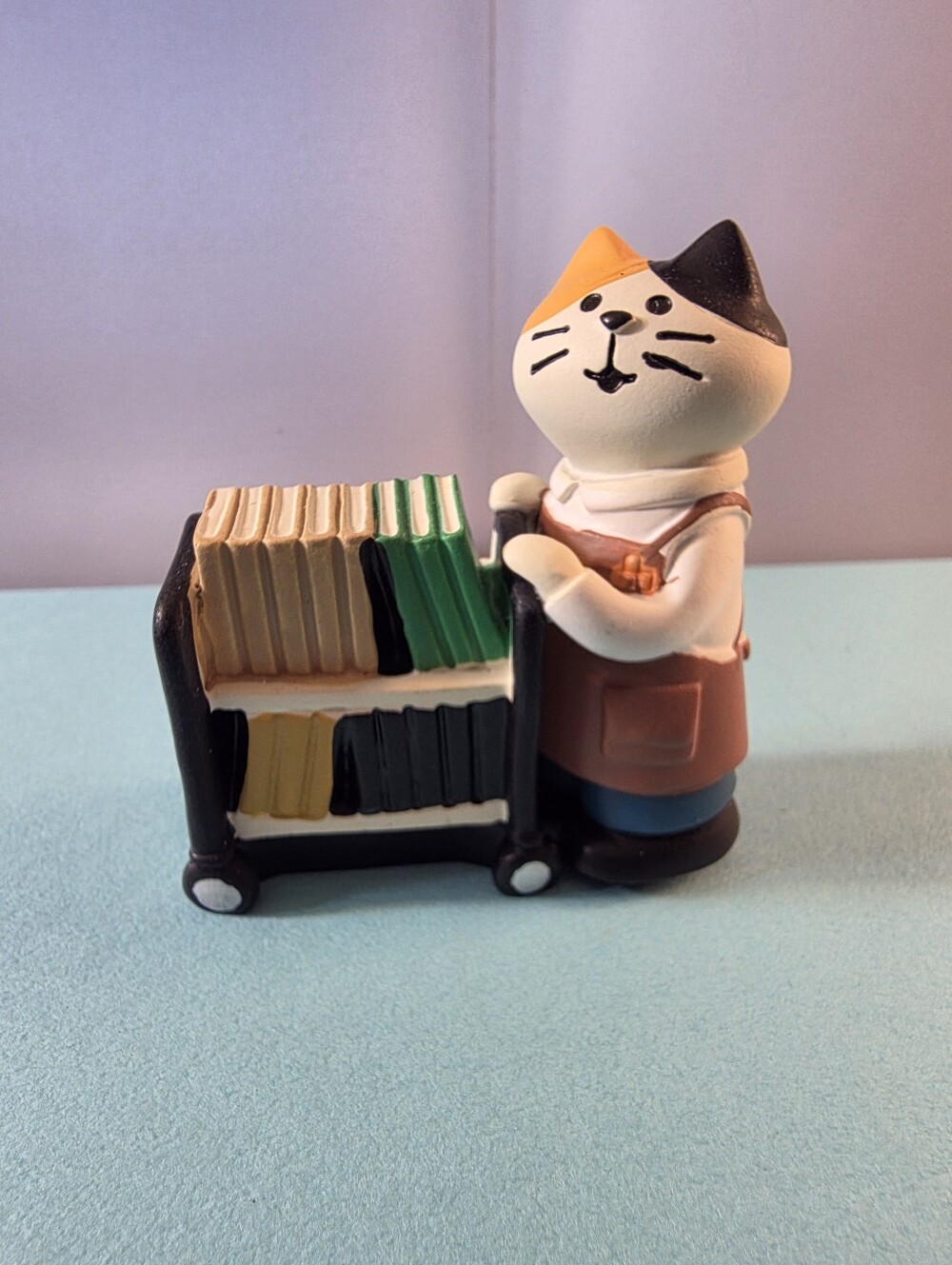Calico Cat Librarian Figurine with Book Cart - Multicolor